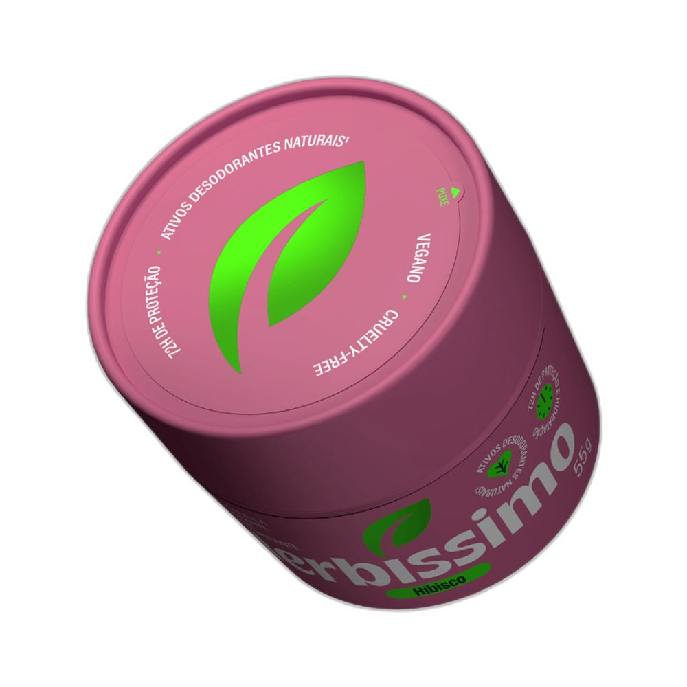 Vista superior do desodorante creme Herbíssimo Hibisco embalagem rosa com detalhes verdes